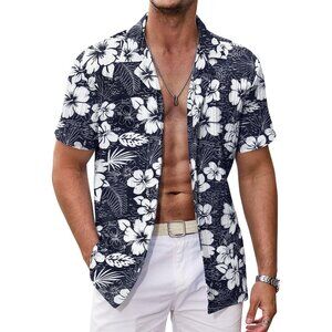 Men's Navy-white Flower Casual Short Sleeve Button Down Textured Beach Shirts